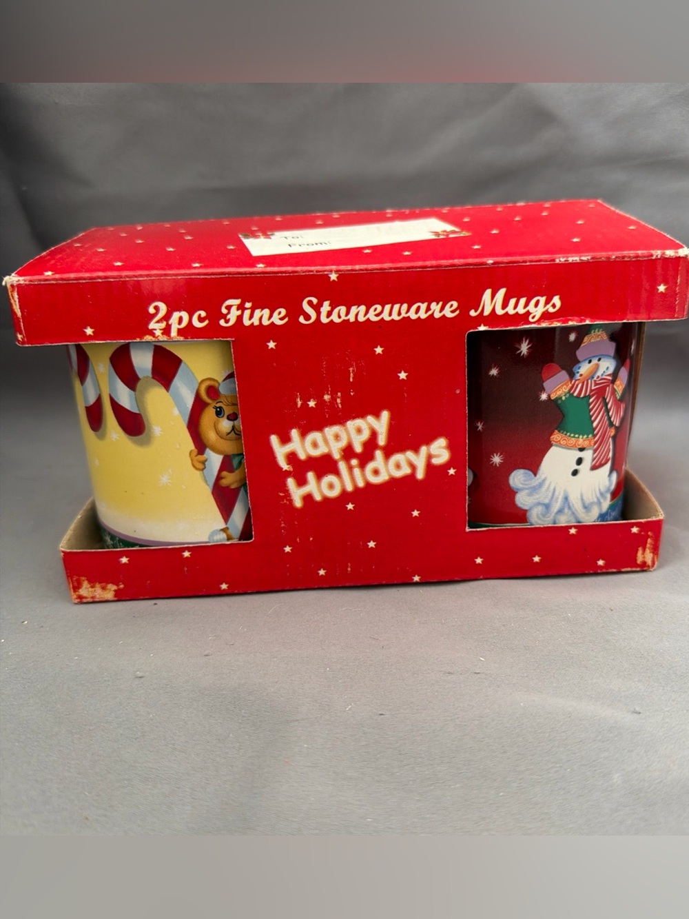 2 Vintage Ceramic “Seasons Greeting” Christmas Themed Holiday Mugs New RARE!!